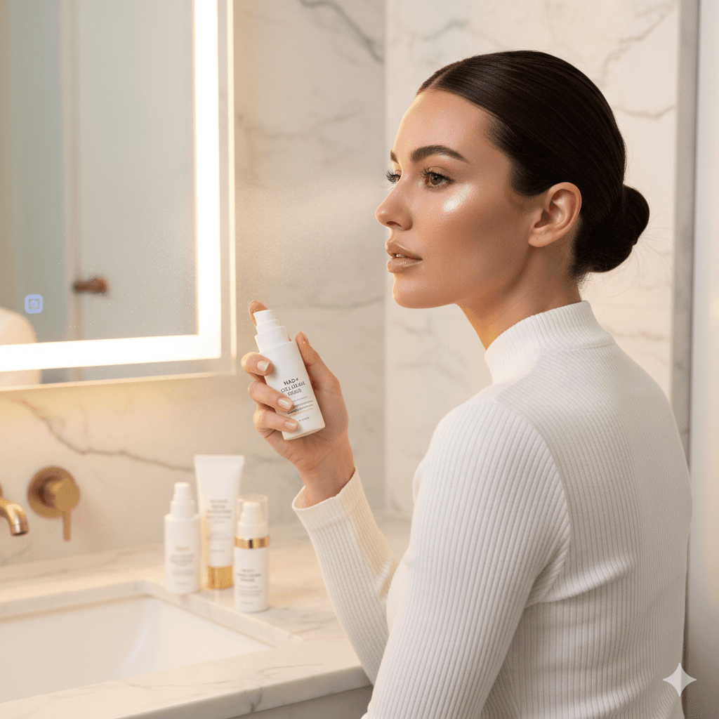 A beautiful woman with radiant, dewy skin applying a hydrating facial mist in a bright, modern marble bathroom. Minimalist white skincare bottles including serum and moisturizer are neatly arranged on the vanity, representing the 2026 skinimalism trend.
