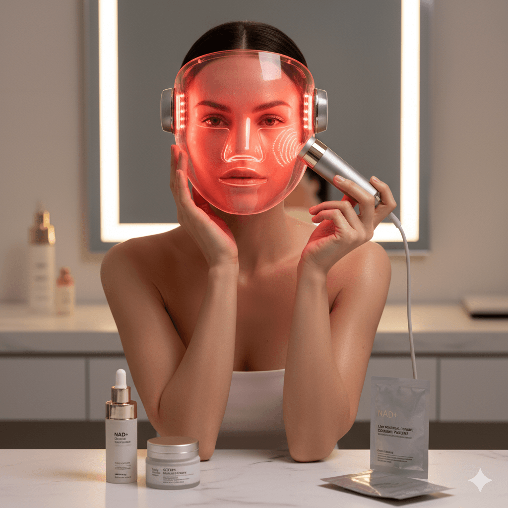 A beautiful woman using a futuristic red light therapy LED mask and a handheld ultrasound skin device. On the marble vanity in front of her are bottles of NAD+ serum and Ectoin cream, representing the 2026 high-tech skin longevity and bio-hacking beauty trend.