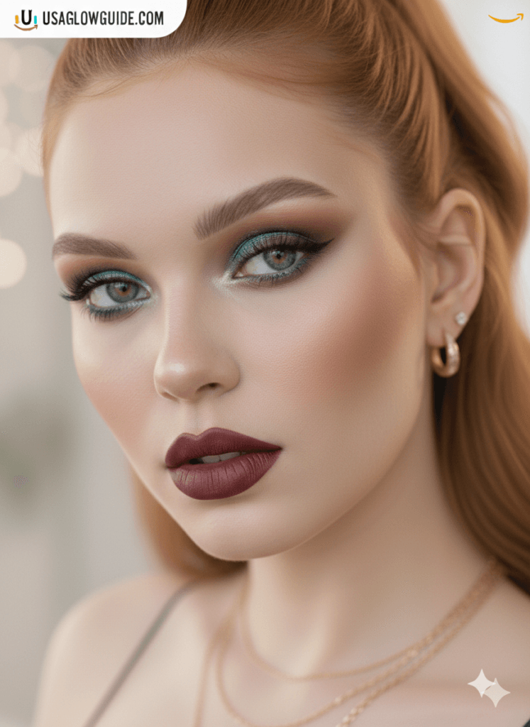 Midnight glamour makeup look with galactic eye and velvet berry lips
