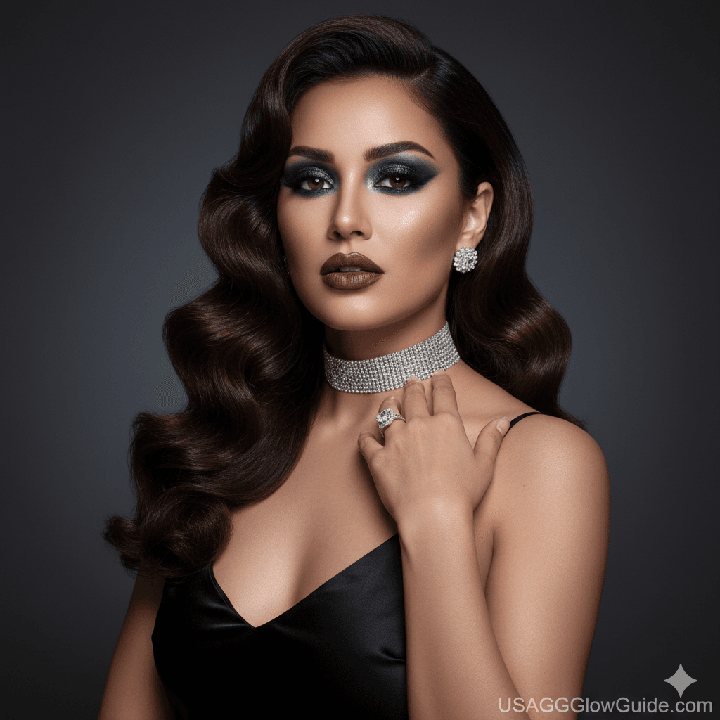 Close-up of multidimensional glitter makeup and candlelit skin for evening events.