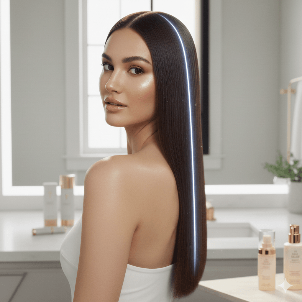 Portrait of a woman with liquid-smooth, high-shine hair achieved through the 2026 glass hair routine and peptide treatments.