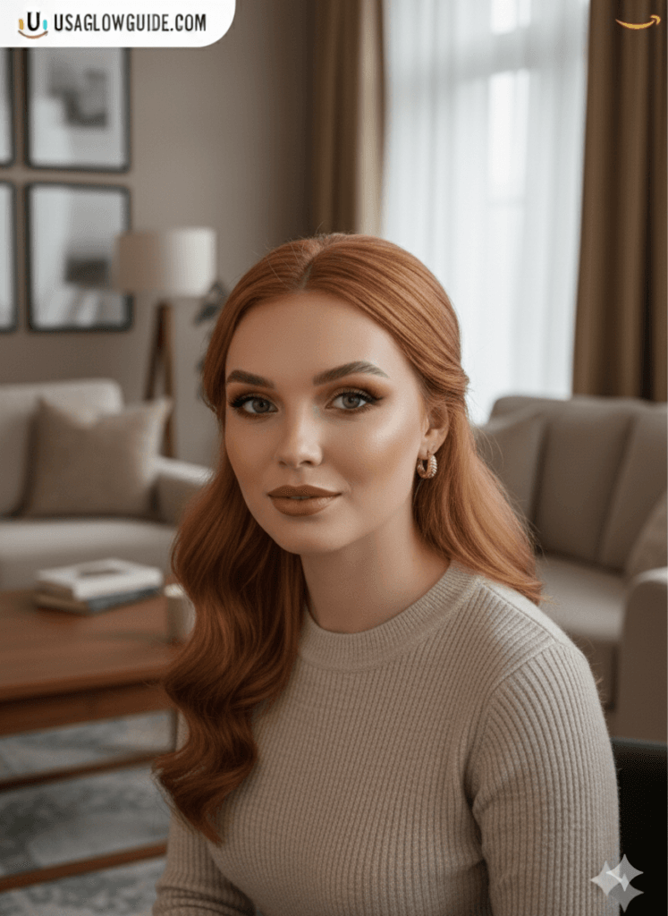 Close-up portrait of model with ginger hair and sunset terracotta eyeshadow for USAGlowGuide.