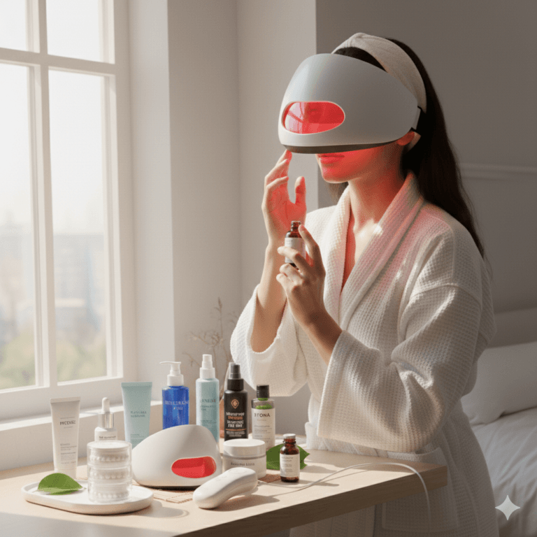 A curated 2026 skincare vanity featuring an LED red light therapy mask, NAD+ energizing serums, and barrier-protecting creams on a wooden table.