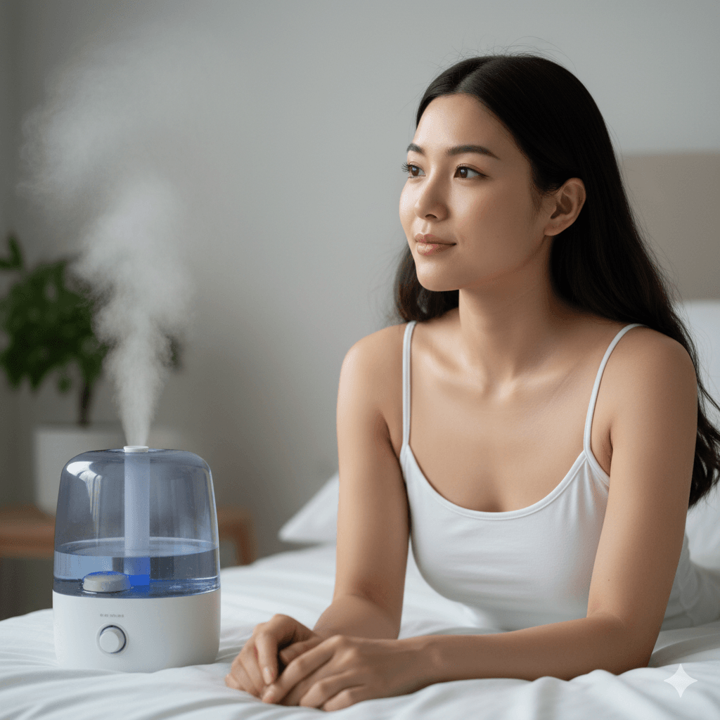 Close-up of a radiant woman with a smart humidifier, showcasing the 2026 Nighttime Glow Protocol for skin longevity.