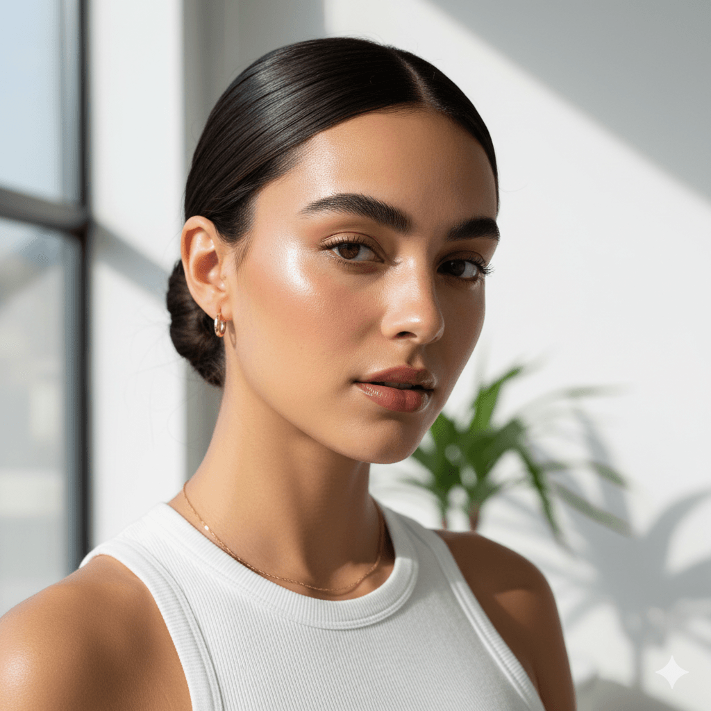 Close-up of a woman with a sleek low bun and glowing skin representing 2026 clean girl aesthetic.