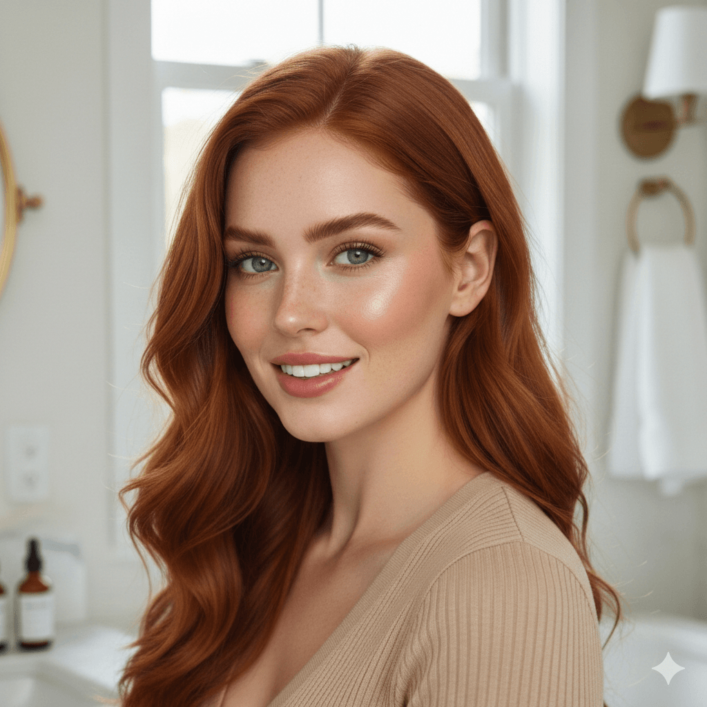 A beautiful young woman with long wavy red hair and glowing skin, showcasing a natural "clean girl" makeup look in a bright, modern bathroom setting.