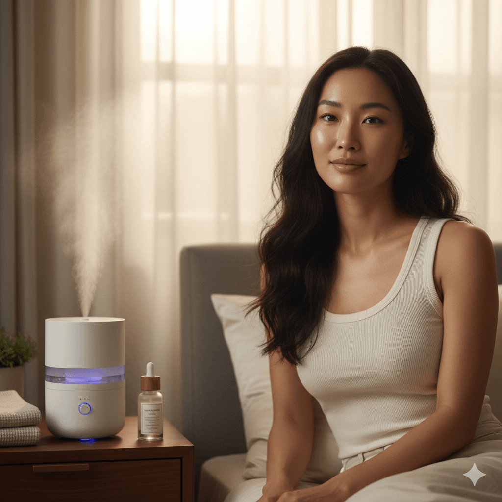 A beautiful woman sitting on a bed next to a cool-mist humidifier and a facial serum for the Nighttime Glow Protocol.