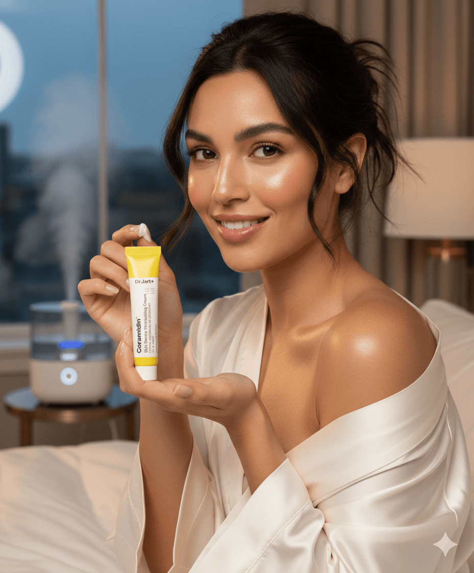 A beautiful woman in a silk robe holding Dr. Jart Ceramidin cream as part of a nighttime skincare routine for glowing skin.