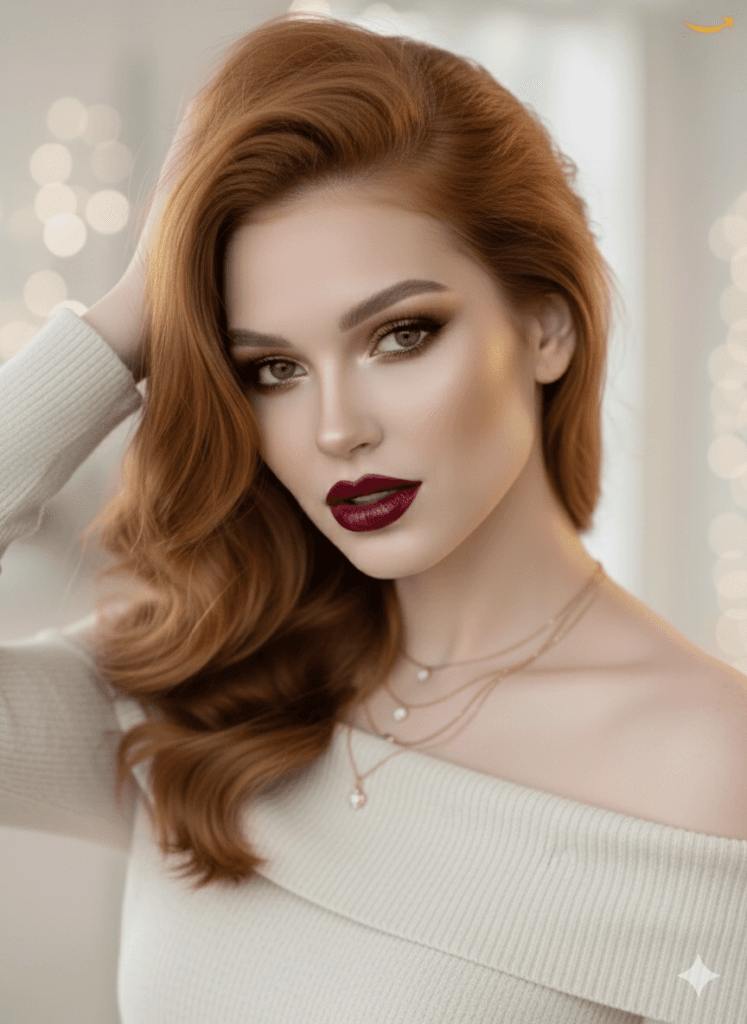 Side profile of a woman with auburn hair and bold burgundy lipstick featuring the text "Ready to be Irresistible" for a beauty guide.