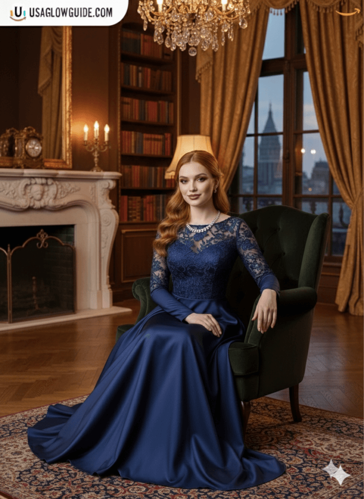 Beautiful woman in beige sweater sitting in modern living room with soft glow makeup.