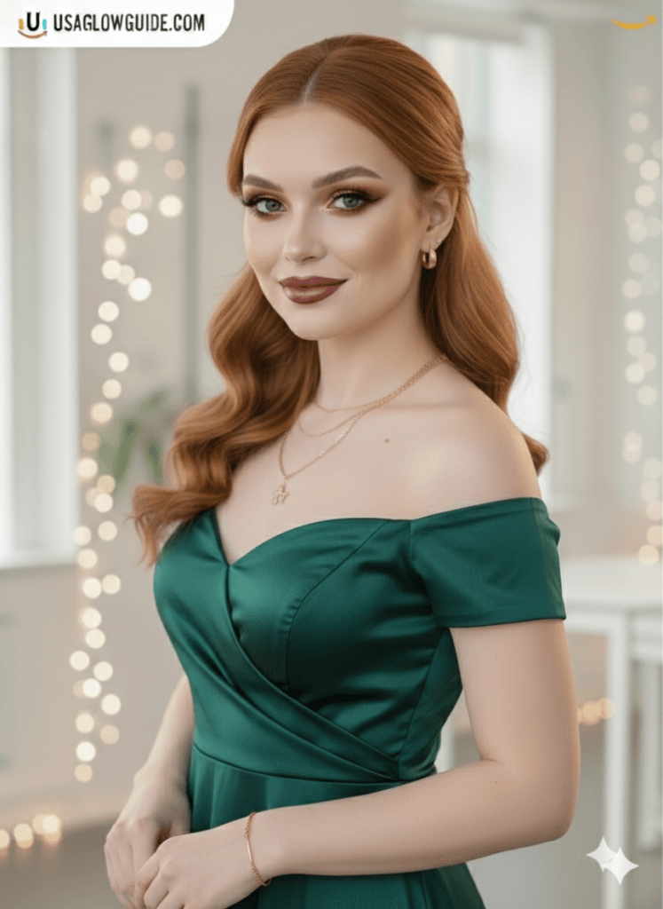 Elegant model in navy lace evening gown with berry lipstick in a luxury library setting.