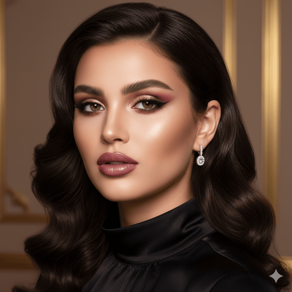 Woman with high-definition glamorous makeup, rose-gold metallic eyeshadow, and dark wavy hair wearing a black silk high-neck top for the 2026 Midnight Glamour trend, the glow gallery