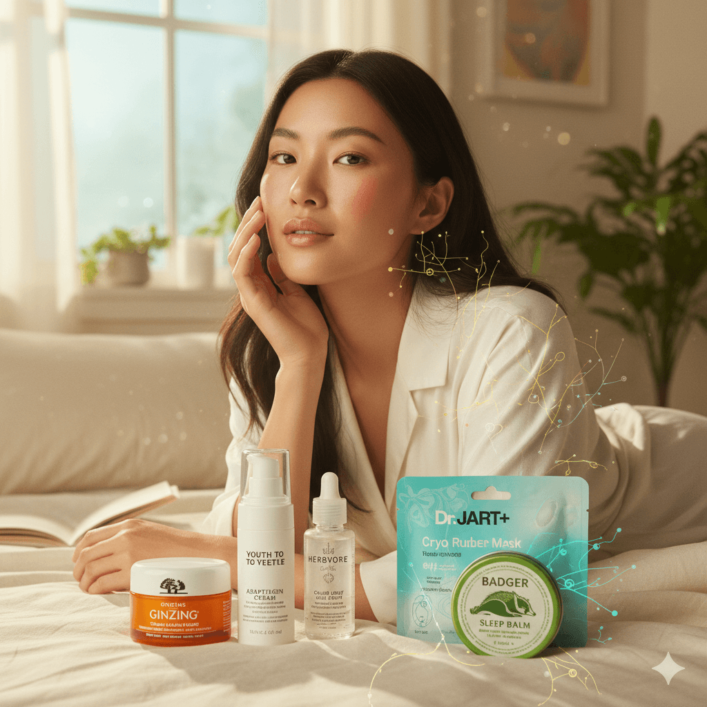 Young woman with glowing skin using neurocosmetics beauty products including Origins GinZing and Dr. Jart Cryo Mask