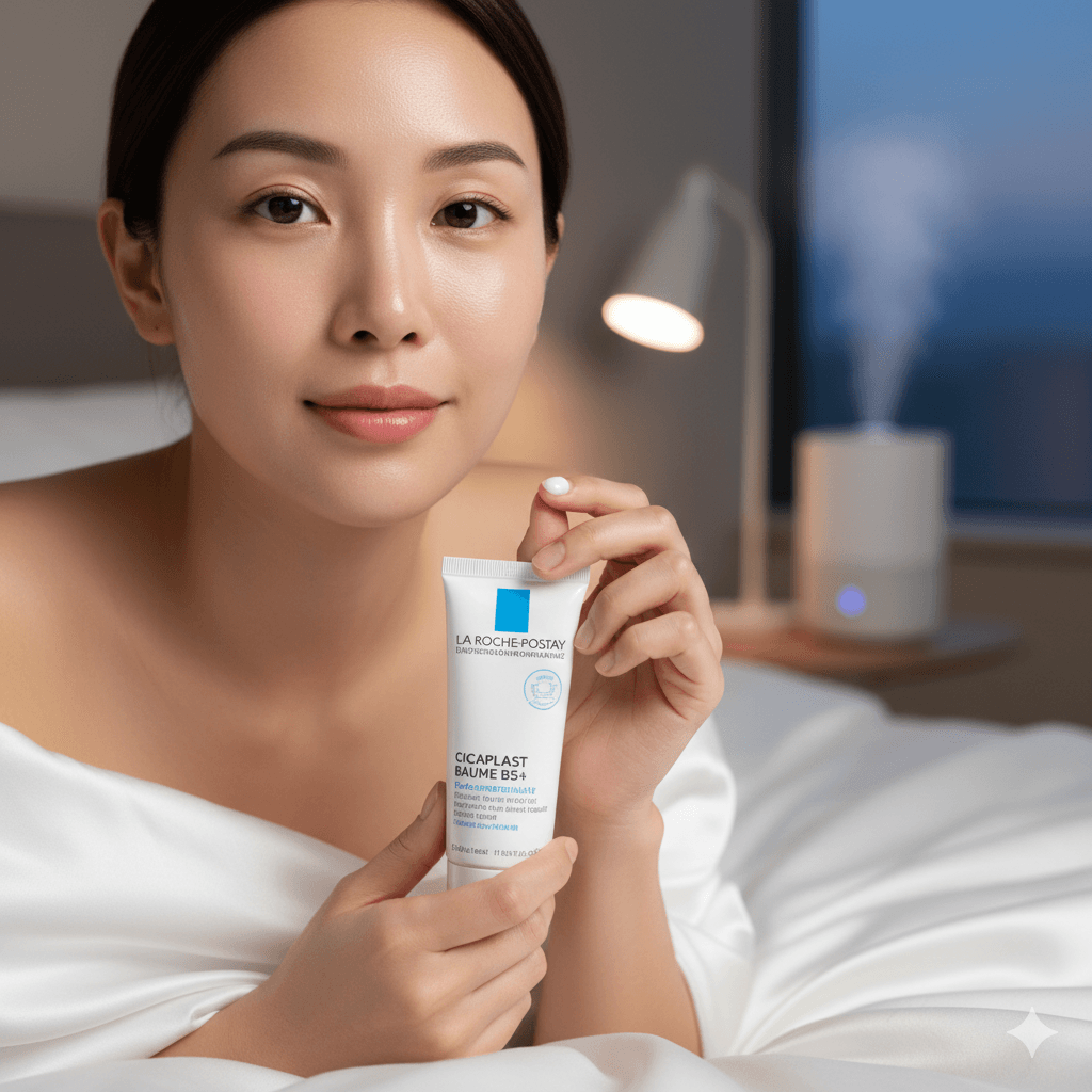 A woman with glowing skin holding La Roche-Posay Cicaplast Balm B5 for a nighttime skincare routine for glowing skin.