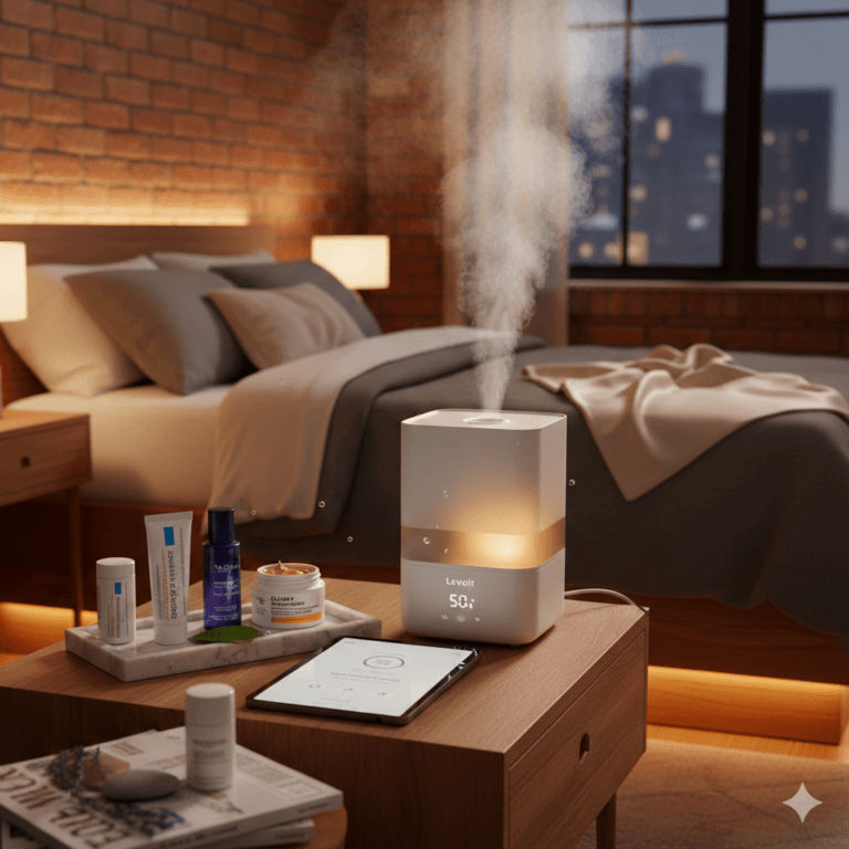 A serene 2026 spa-like bedroom featuring a smart humidifier, silk pillowcase, and barrier repair creams on a nightstand for a nighttime glow routine.