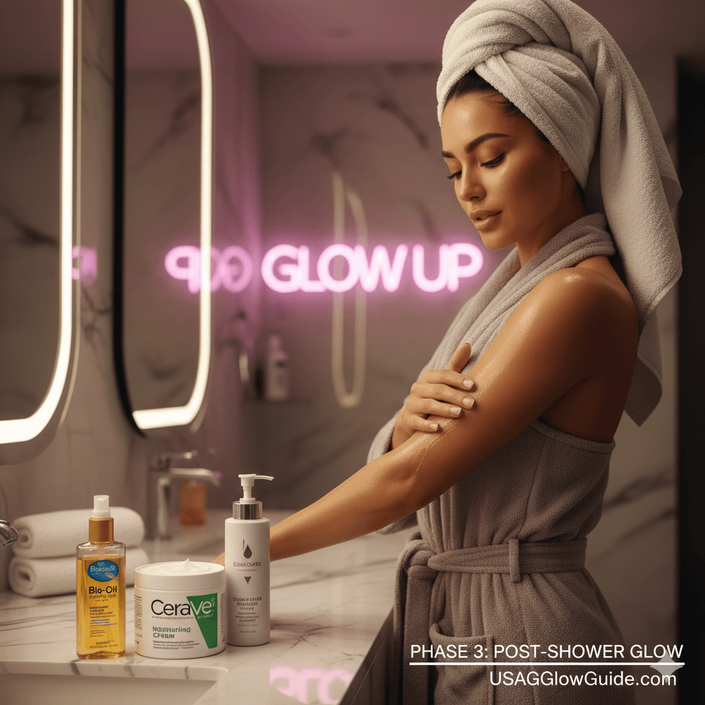 A woman wrapped in a white towel applying body oil in front of a bathroom mirror with a pink "Glow Up" neon sign.