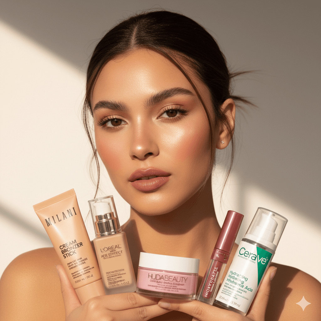 A young woman with a glowing makeup look holding viral beauty products like cream bronzer and hydrating serum for the 2026 "Intentional Glow" trend in the U.S.