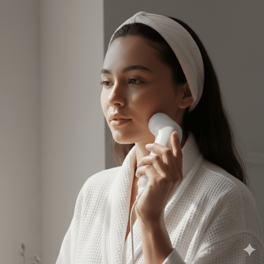 A woman with glowing skin in a white robe performing a morning skincare routine using a handheld ultrasound LDM device to increase serum absorption for a natural glow.