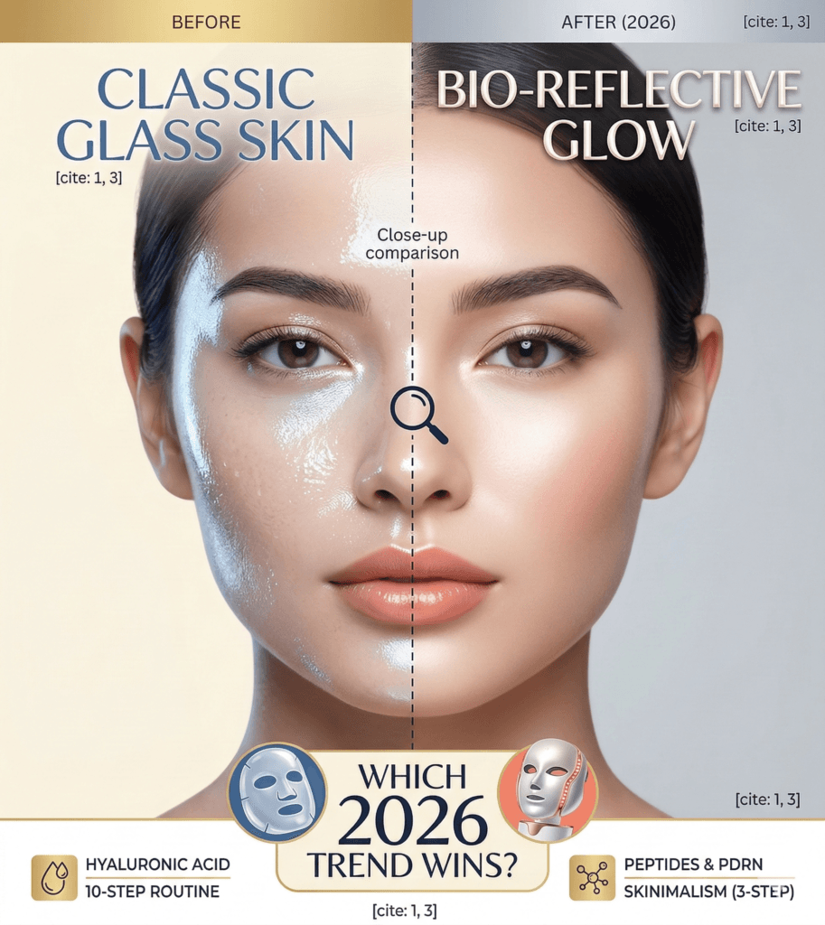 Comparison of Glass Skin vs. Bio-Reflective Skin trends 2026 for USA Glow Guide.
