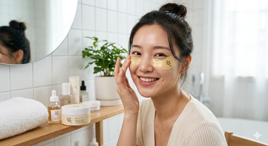 A smiling young woman applies a gold hydrogel eye mask, showcasing the popular under-eye patch trend with Beauty of Joseon products on her bathroom vanity.