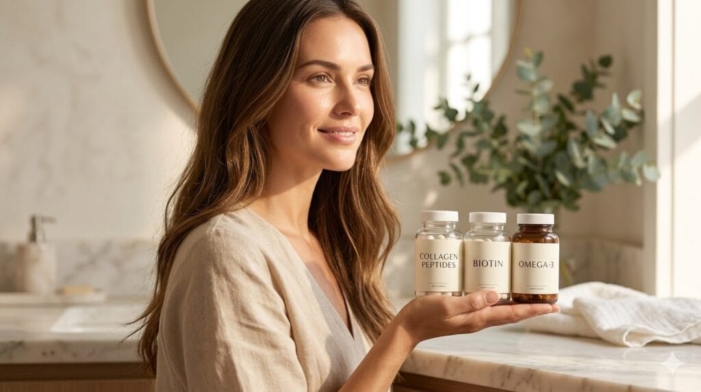 A beautiful woman holding bottles of the Best Beauty Supplements on Amazon 2026 .