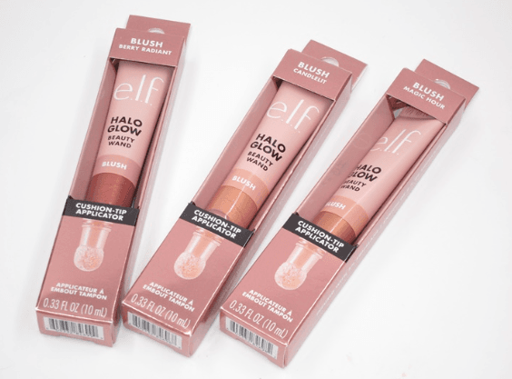 e.l.f. Halo Glow Blush Beauty Wand in Berry Radiant, single boxed product with rose gold cap and white cushion tip, featured on USA Glow Guide.