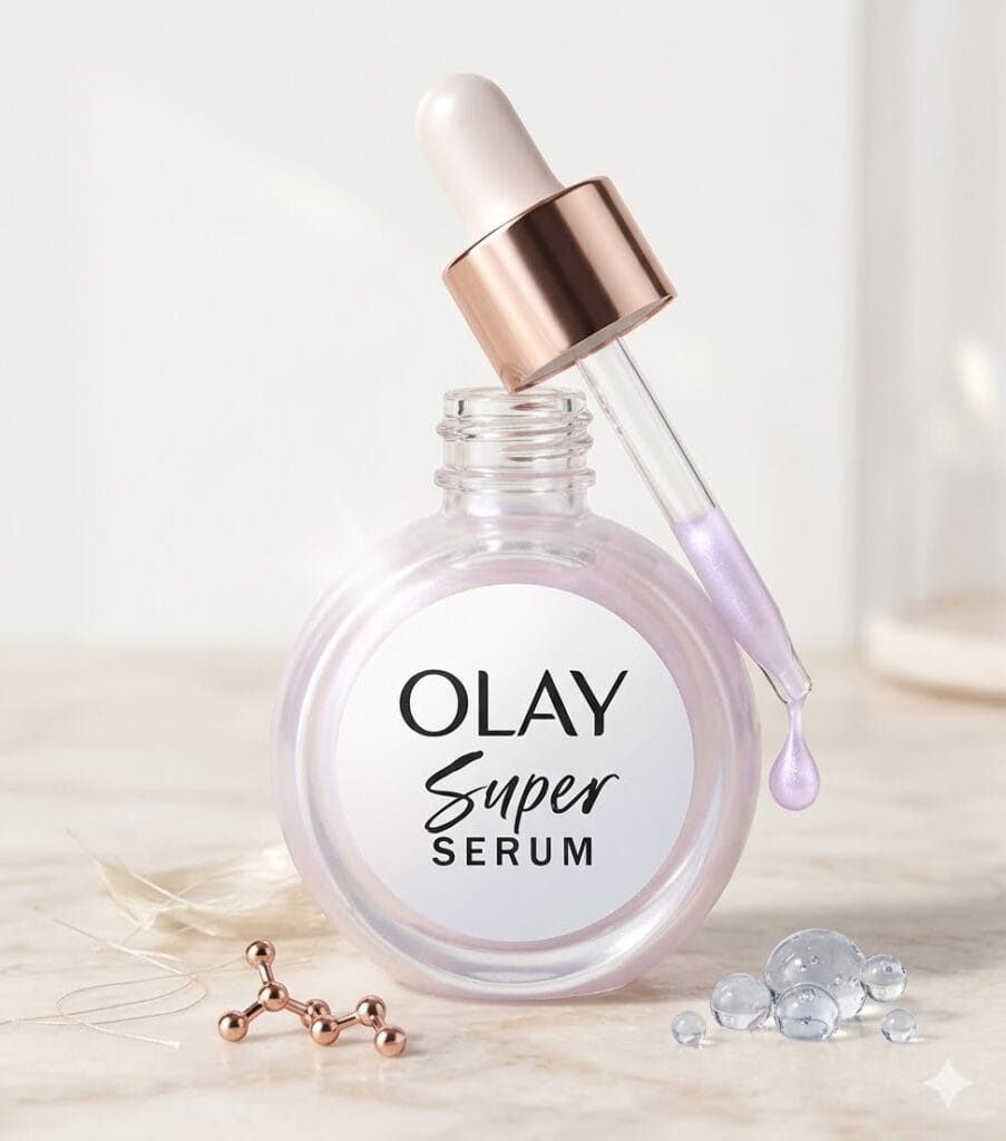 Olay Super Serum: An elegant close-up with a pearlized lavender dropper, featuring Niacinamide and Peptides, from the definitive 2026 Beauty & Fashion Trend report on USA Glow Guide.