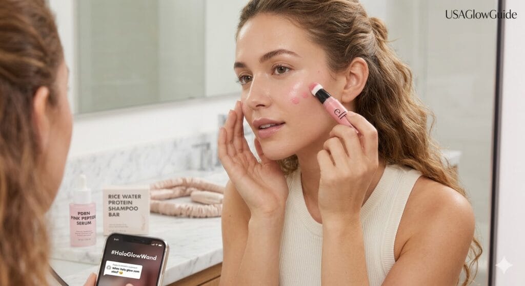 A young woman applying e.l.f. Halo Glow Blush Beauty Wand to her cheek for a dewy, luminous TikTok-style soft glam finish, she is using TikTok Beauty Products 2026