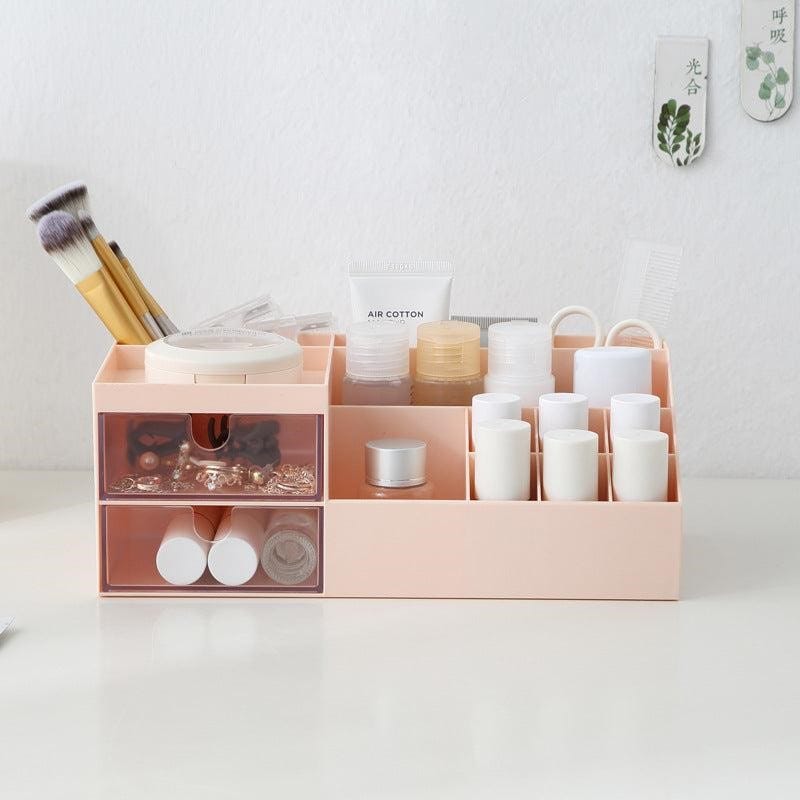 large acrylic makeup organizer display case for skincare and cosmetics luxury aesthetic vanity setup