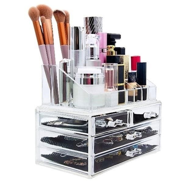compact makeup drawer organizer for vanity storage with multiple compartments for skincare and cosmetics