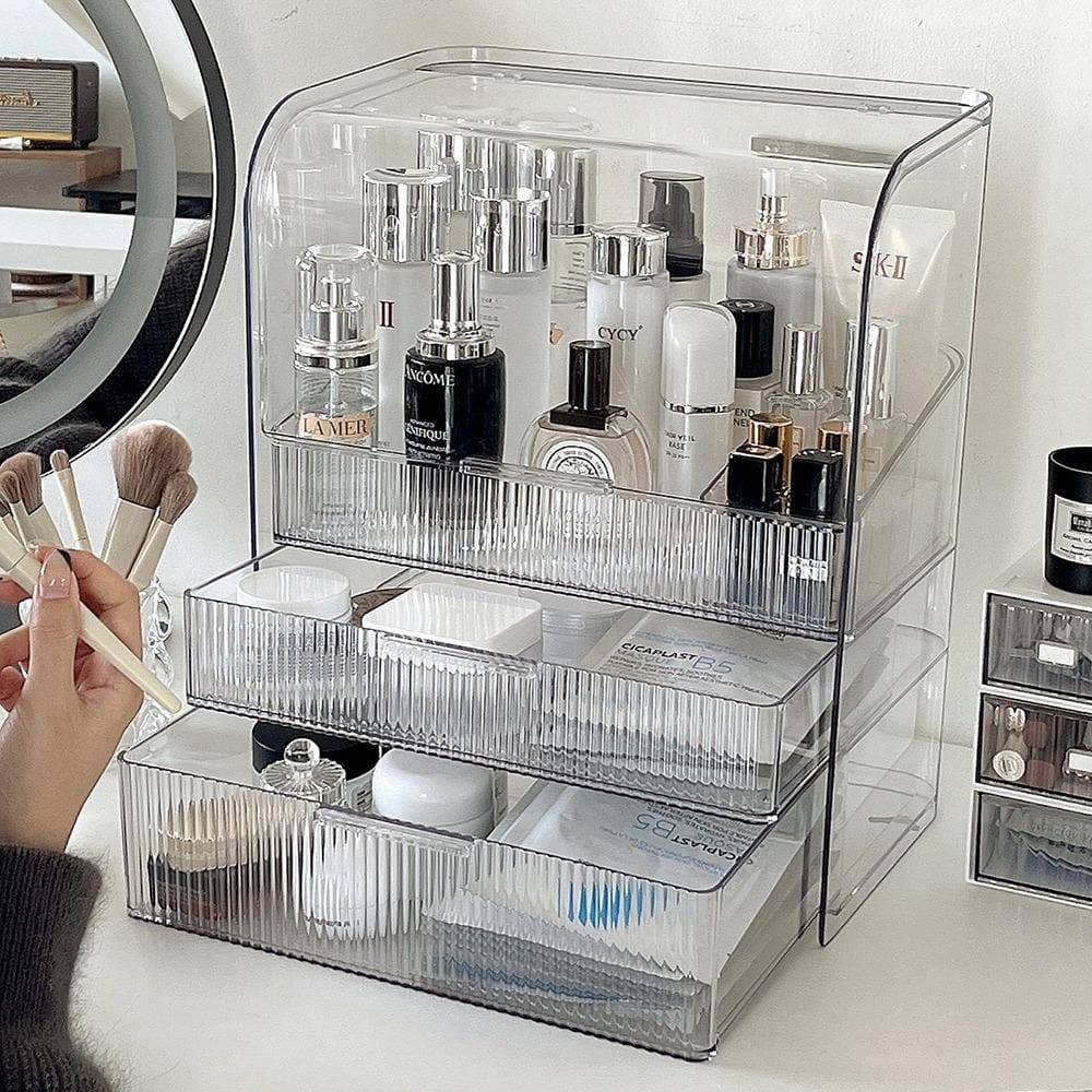 large acrylic makeup organizer display case for skincare and cosmetics luxury aesthetic vanity setup