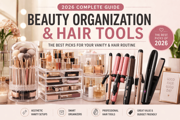 Amazon beauty organizers 2026 aesthetic vanity setup with makeup storage and hair tools for modern beauty routine