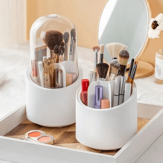 360 rotating makeup brush holder with dustproof lid aesthetic vanity organizer for clean makeup setup