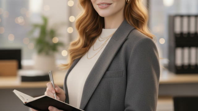 Executive Aura: The perfect blend of structured charcoal tailoring and a radiant glass-skin glow.