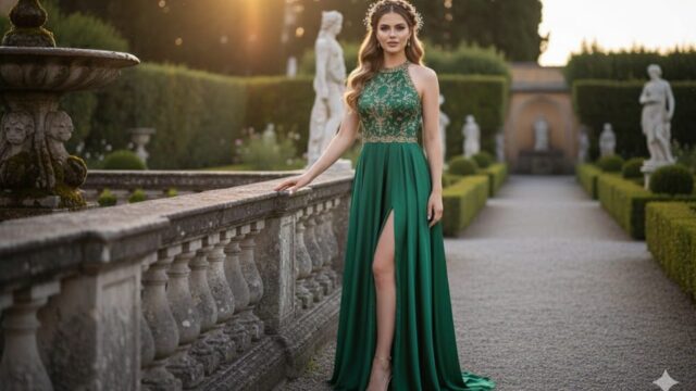 The Italian Garden Elegance Sabina wearing emerald green dress and L'Oreal Lumi Glotion